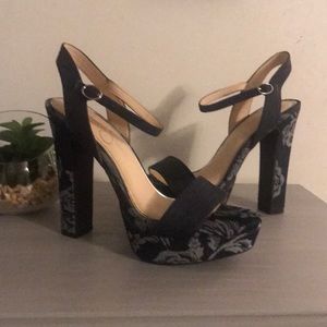 Jessica Simpson floral print denim heels